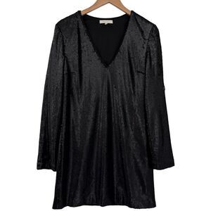 WAYF Sequin Long Sleeve Mini V-Neck Dress in Black | Medium